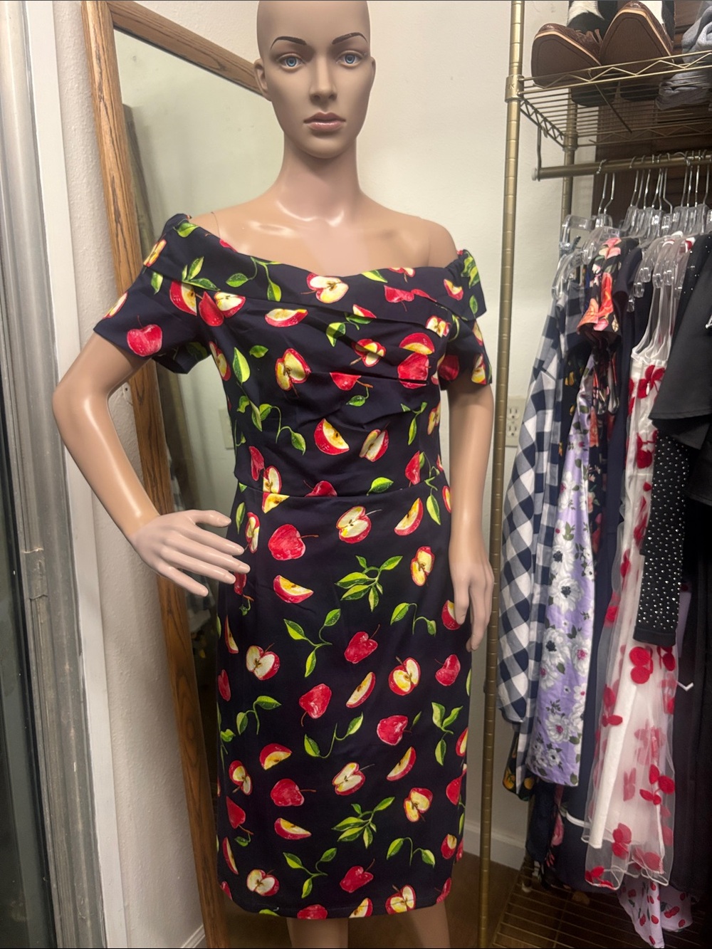 One-Shoulder Black Cherry Print Sheath Dress